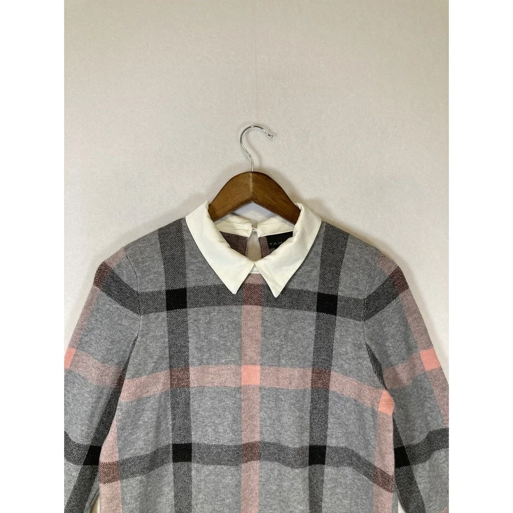 Preppy Tahari Women‎ Medium Grey Pink Plaid Layered Look Collared Sweater